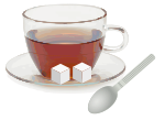 Glass cup with glass saucer, spoon and sugar cubes